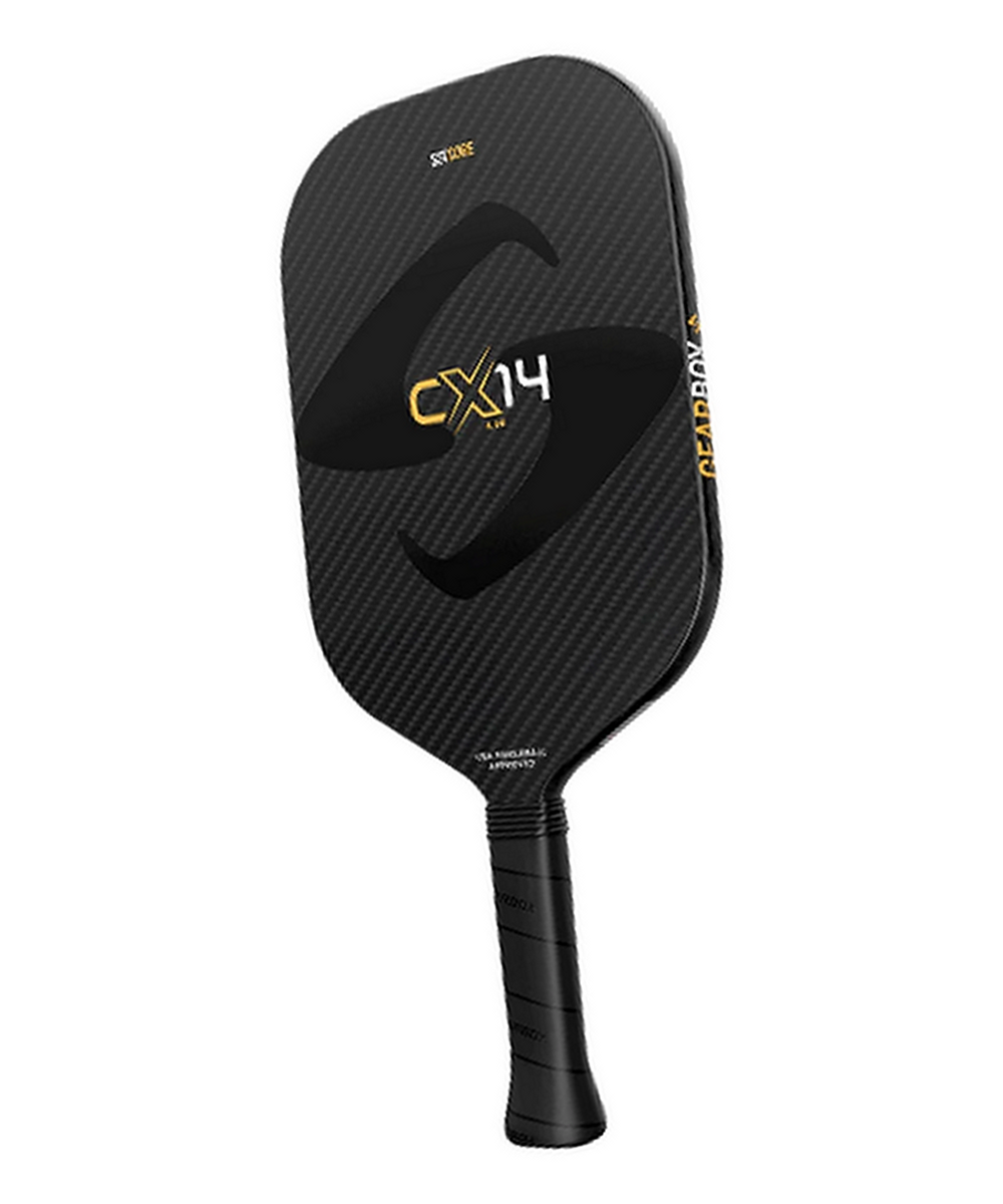 Gearbox CX14 elongated 14mm pickleball paddle standing straight on plain white background