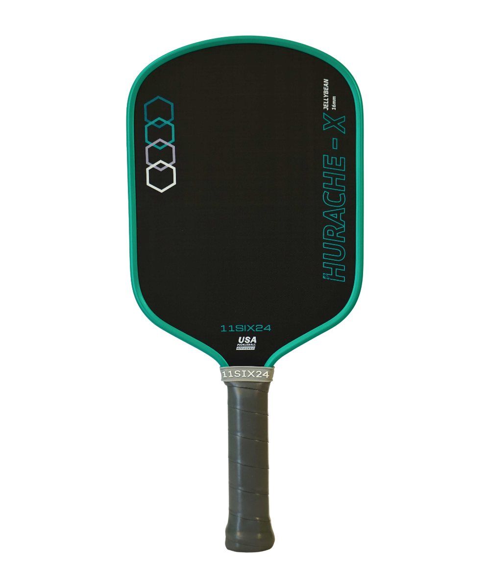 11SIX24 Hurache-X Jelly Bean pickleball paddle standing straight on plain white background