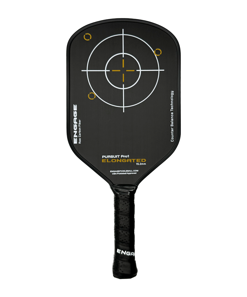 Engage Pursuit Pro1 Elongated pickleball paddle standing straight on plain white background