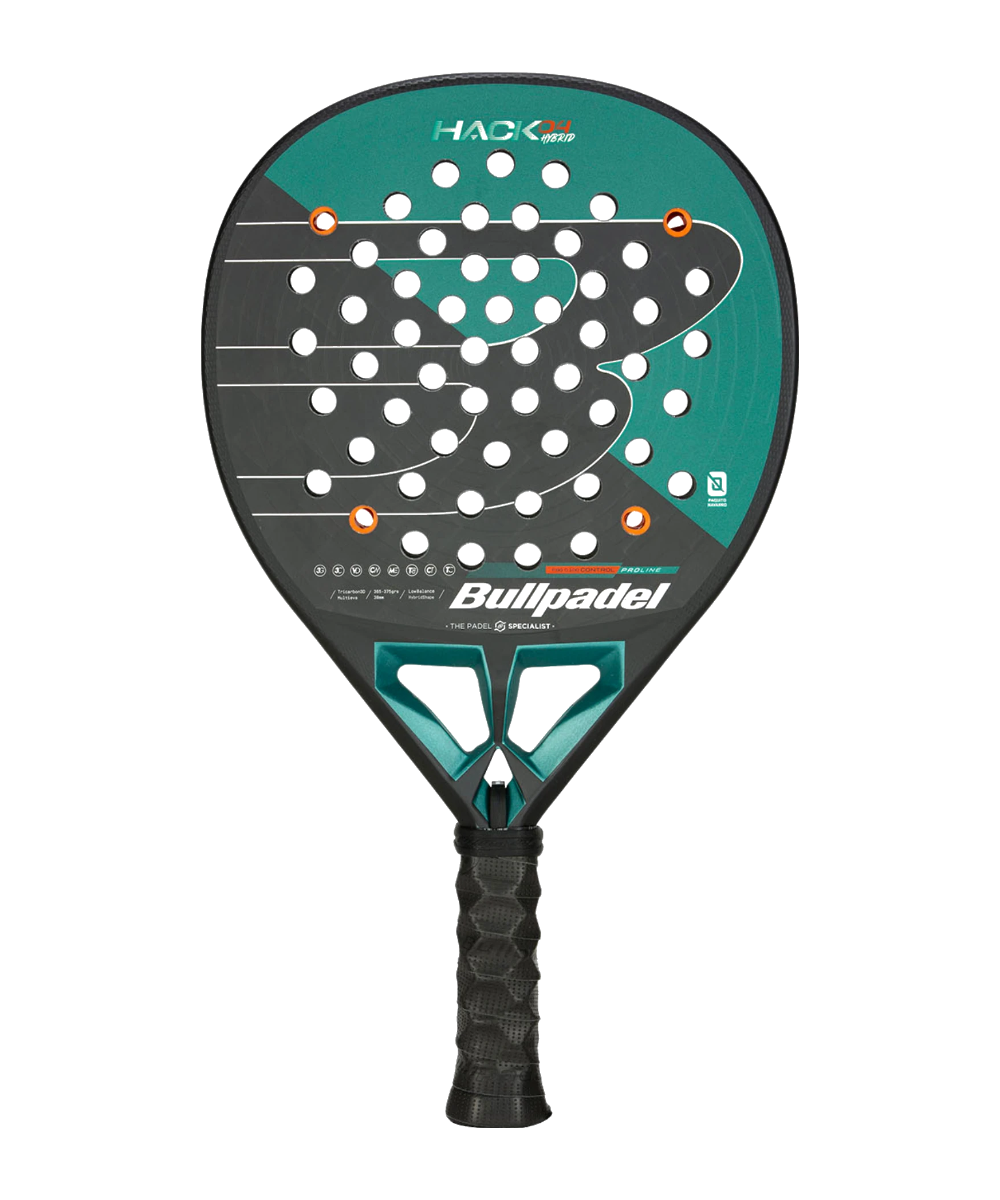 Bullpadel Hack 04 padel racket standing straight on plain white background