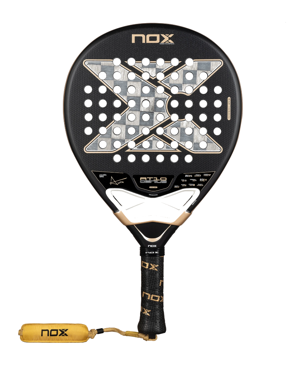 Nox AT10 Genius 18K Alum padel racket standing straight on plain white background