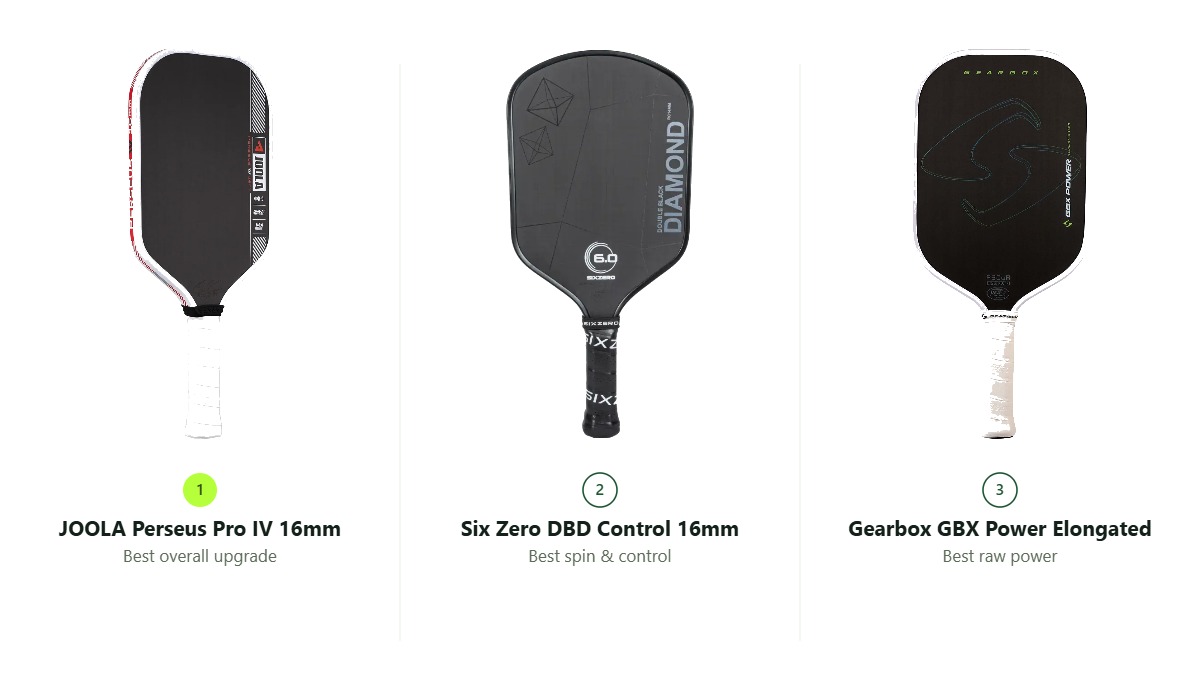 JOOLA Perseus Pro IV, Six Zero DBD Control and Gearbox GBX Power Elongated compared side by side
