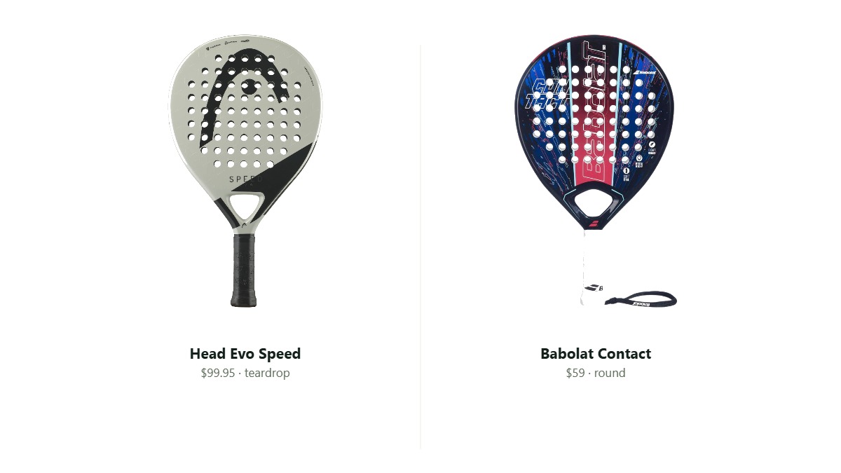 Head Evo Speed and Babolat Contact padel rackets compared side by side with prices