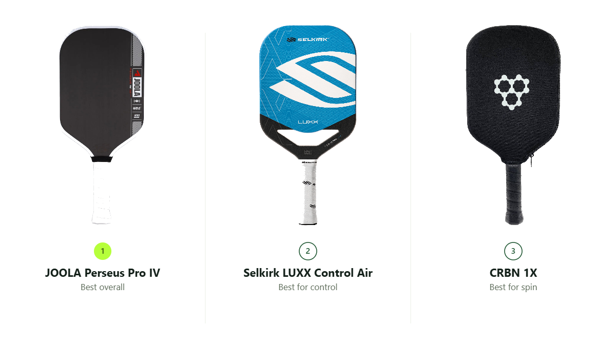 JOOLA Perseus Pro IV, Selkirk LUXX Control Air and CRBN 1X compared side by side