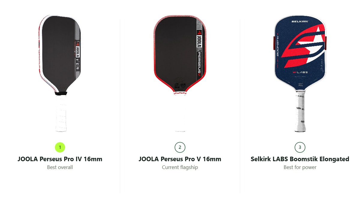 JOOLA Perseus Pro IV, Perseus Pro V and Selkirk LABS Boomstik Elongated compared side by side