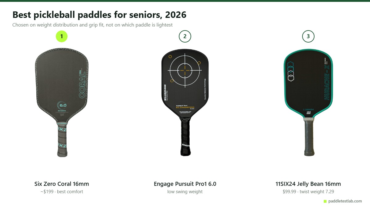 The best pickleball paddles for seniors in 2026 shown together on white