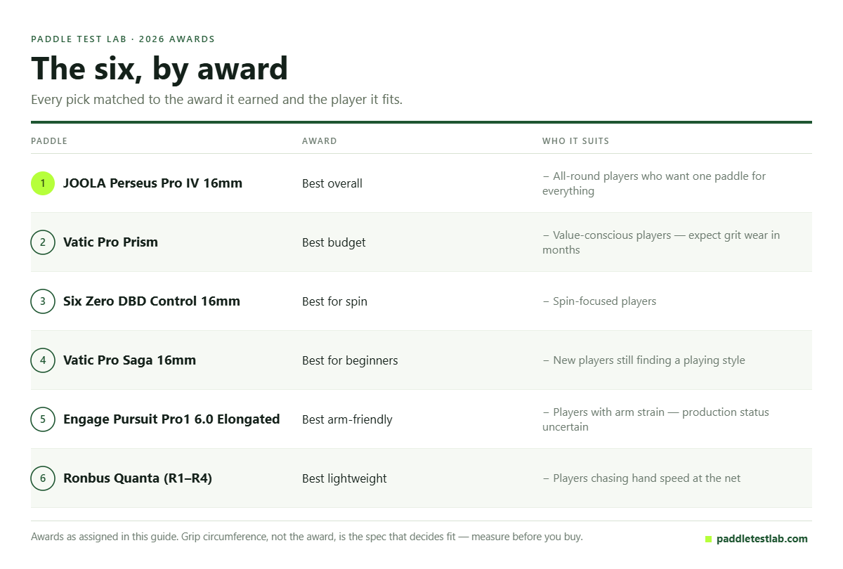 Award table for the best pickleball paddles for women in 2026 and the player each suits