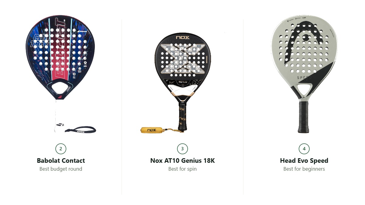 Babolat Contact, Nox AT10 Genius and Head Evo Speed padel rackets compared side by side