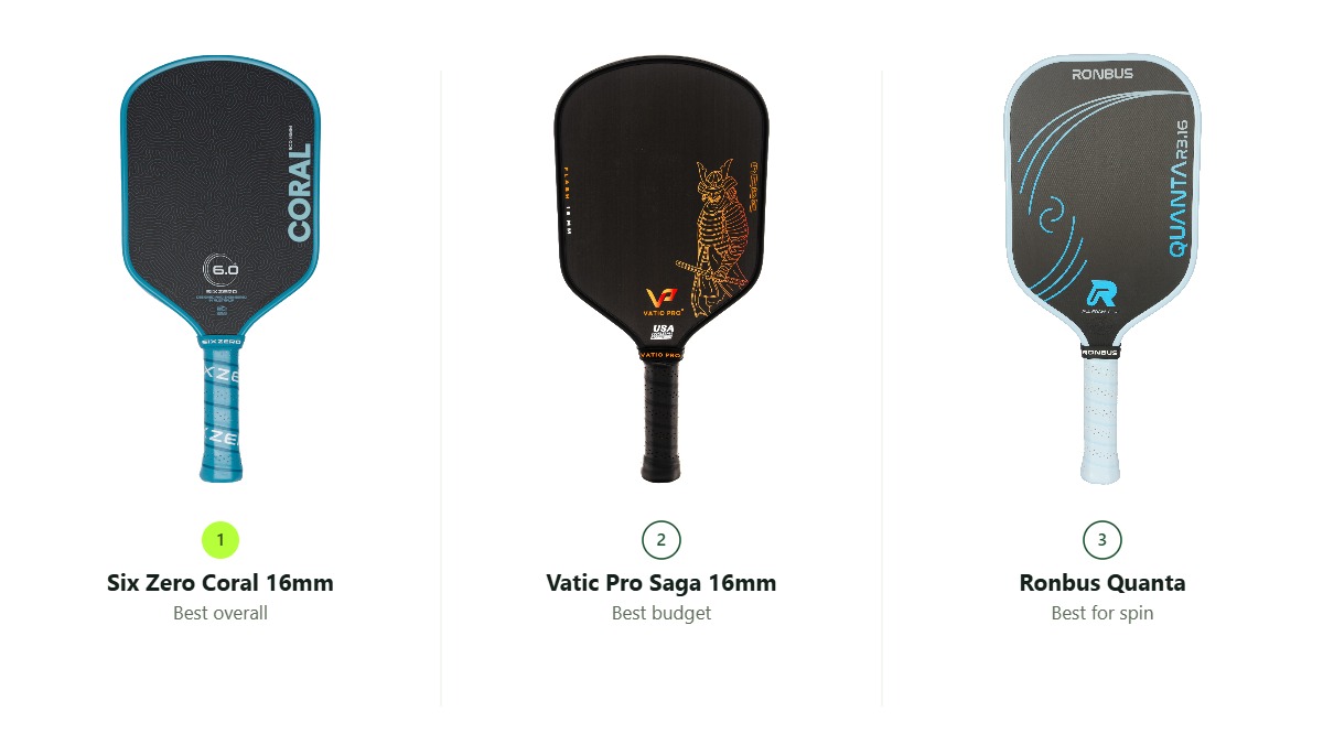 Six Zero Coral, Vatic Pro Saga and Ronbus Quanta widebody paddles compared side by side