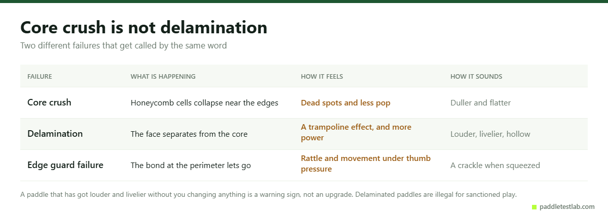 Core crush, delamination and edge guard failure compared in a diagnostic table