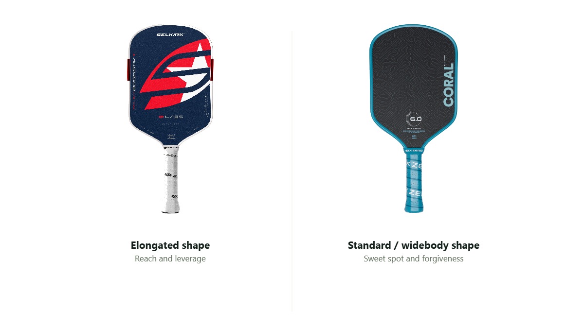 An elongated pickleball paddle and a standard widebody paddle shown side by side