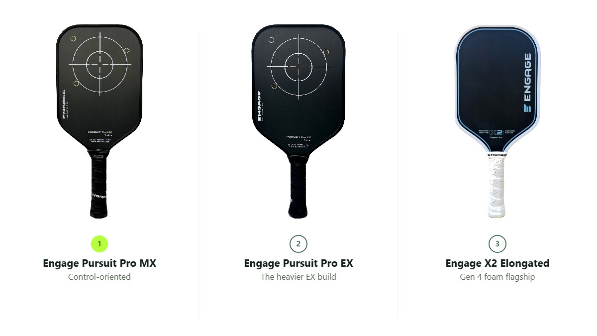 Engage Pursuit Pro MX, Pursuit Pro EX and X2 Elongated paddles compared side by side