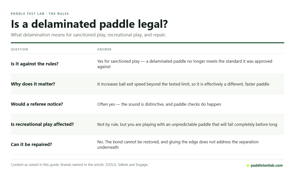 Table answering whether a delaminated pickleball paddle is legal, repairable and detectable