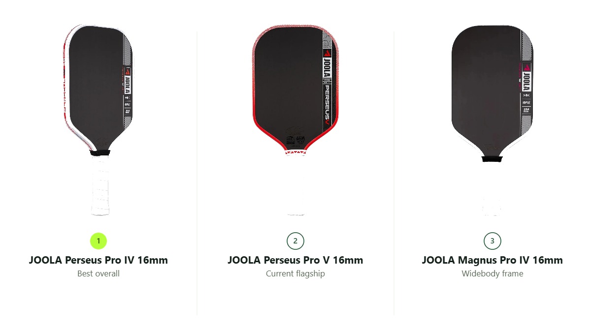 JOOLA Perseus Pro IV, Perseus Pro V and Magnus Pro IV paddles compared side by side