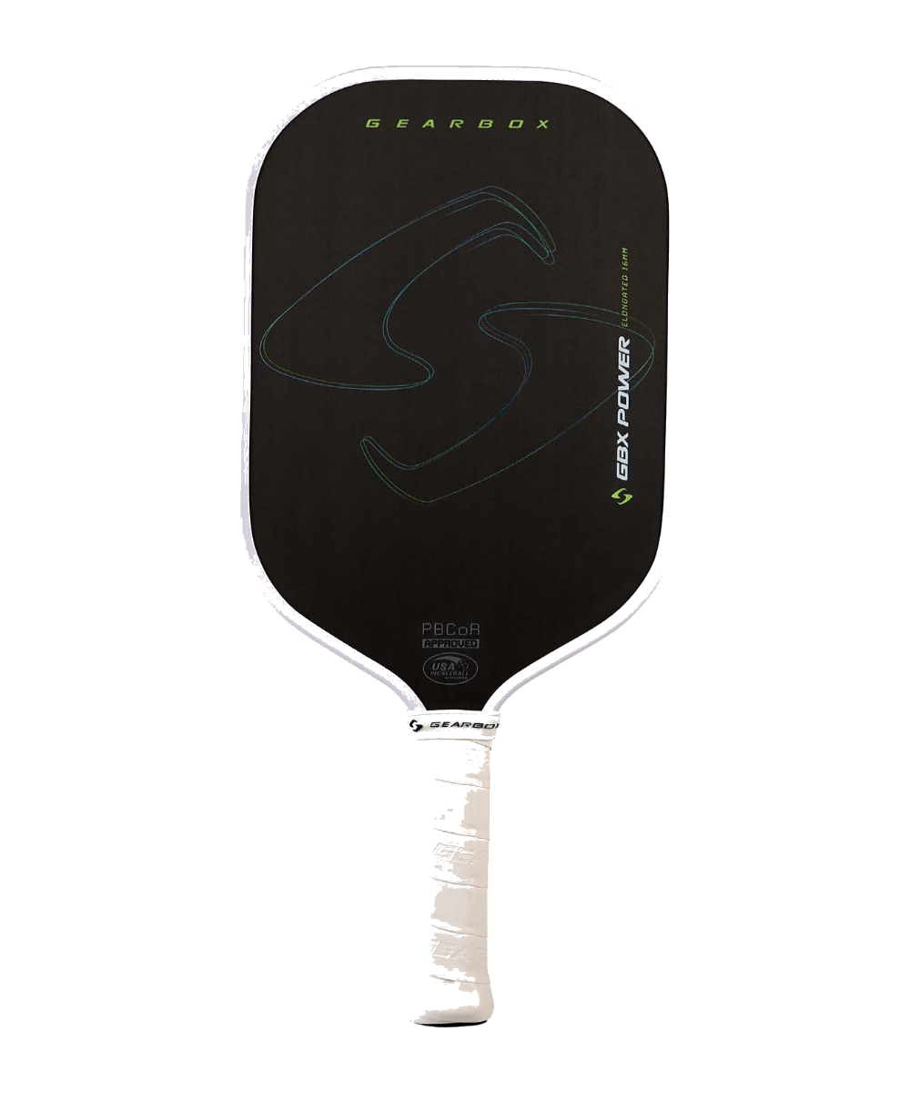Gearbox GBX Power Elongated 16mm pickleball paddle standing straight on plain white background