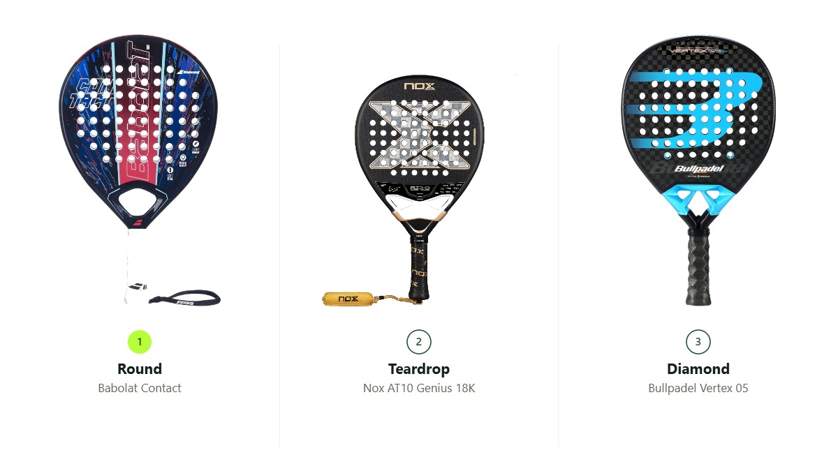 Round, teardrop and diamond padel rackets shown side by side as shape examples