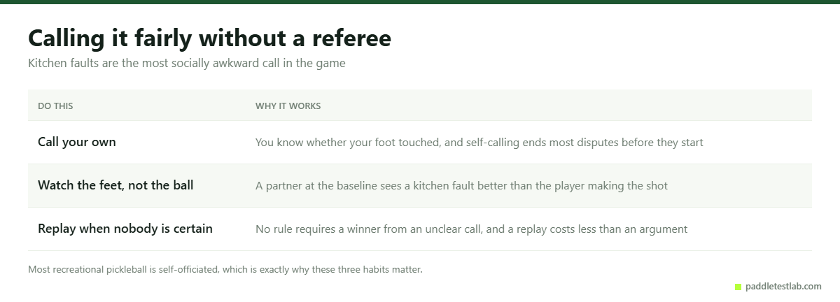 Three habits for calling pickleball kitchen faults fairly without a referee