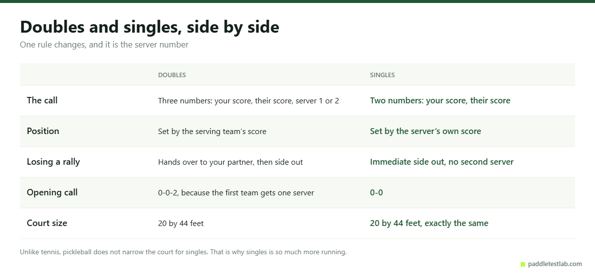 Pickleball doubles and singles scoring rules compared in five rows
