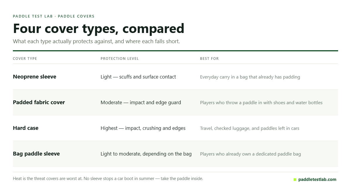 Table comparing neoprene, padded, hard case and bag sleeve pickleball paddle covers