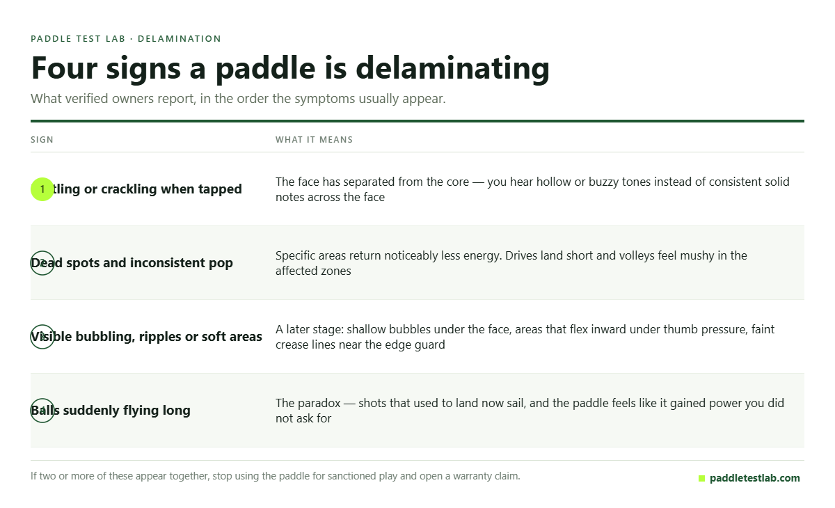 Chart of the four signs that a pickleball paddle is delaminating and what each means