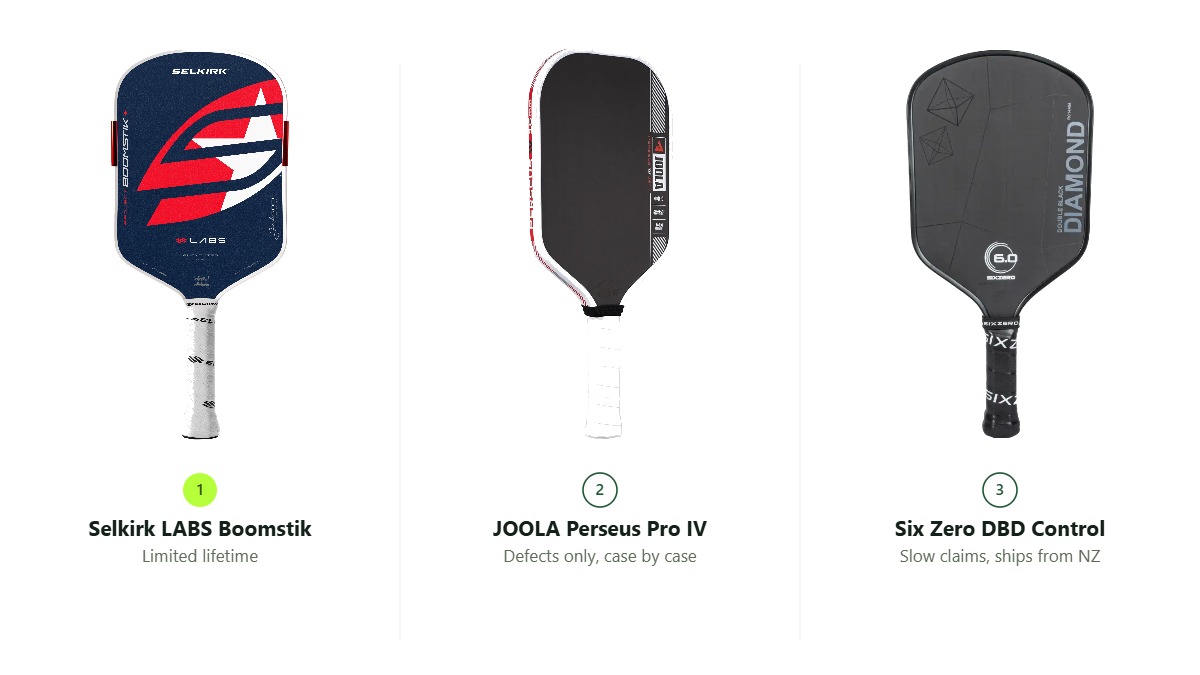 Selkirk LABS Boomstik, JOOLA Perseus Pro IV and Six Zero DBD Control shown with their warranty terms