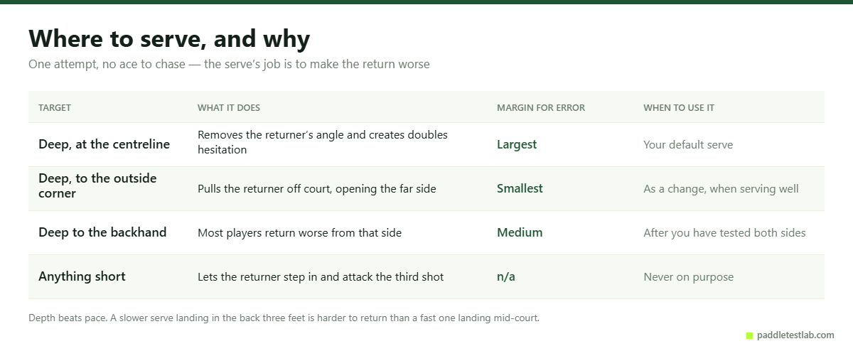 Four pickleball serve targets compared on effect, margin for error and when to use