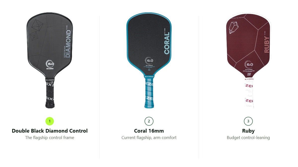 Six Zero Double Black Diamond Control, Coral 16mm and Ruby paddles compared side by side