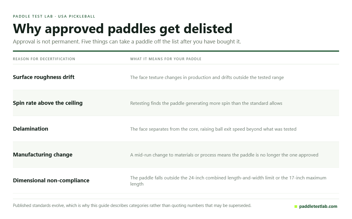 Table of the five reasons a USA Pickleball approved paddle can be decertified